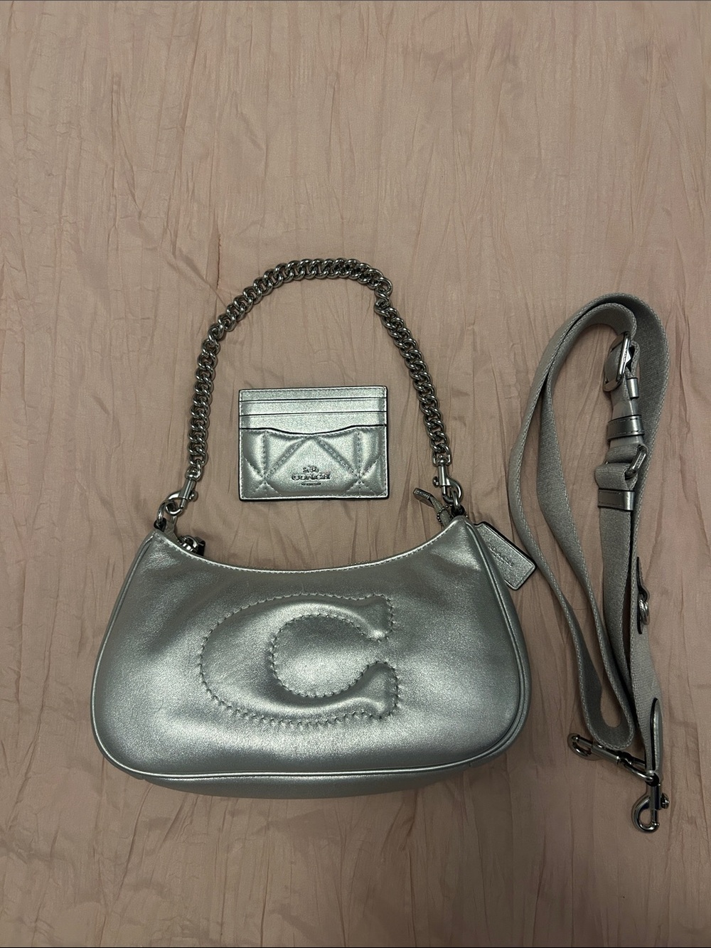 Coach Silver Metallic Leather Shoulder Bag with Matching Card Case